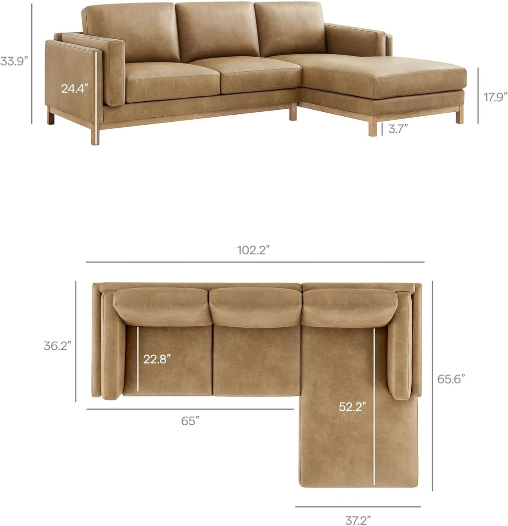 Modway Roscoe Right-Facing Sectional Sofa with Chaise in Toast - 2-Piece Faux Leather Upholstered Deep Seat Couch, L Shaped Modular for Living Room or Lounge