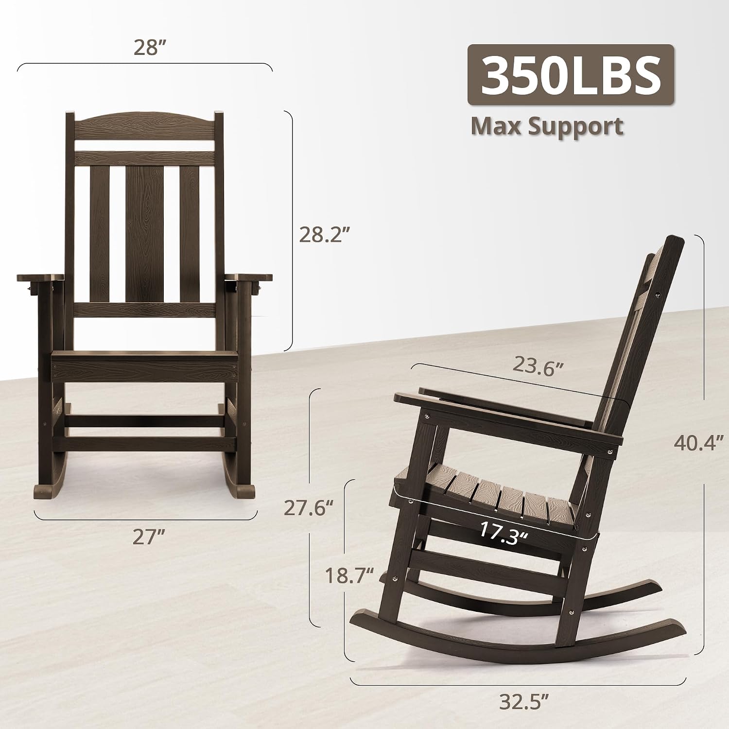 LUE BONA Outdoor Rocking Chairs Set of 4, Weather Resistant HDPS Poly Rocker Chairs, 350lb Heavy Duty, Oversized Porch Rocker for Adult, High Back Smooth Rocking for Outdoor & Indoor, Brown