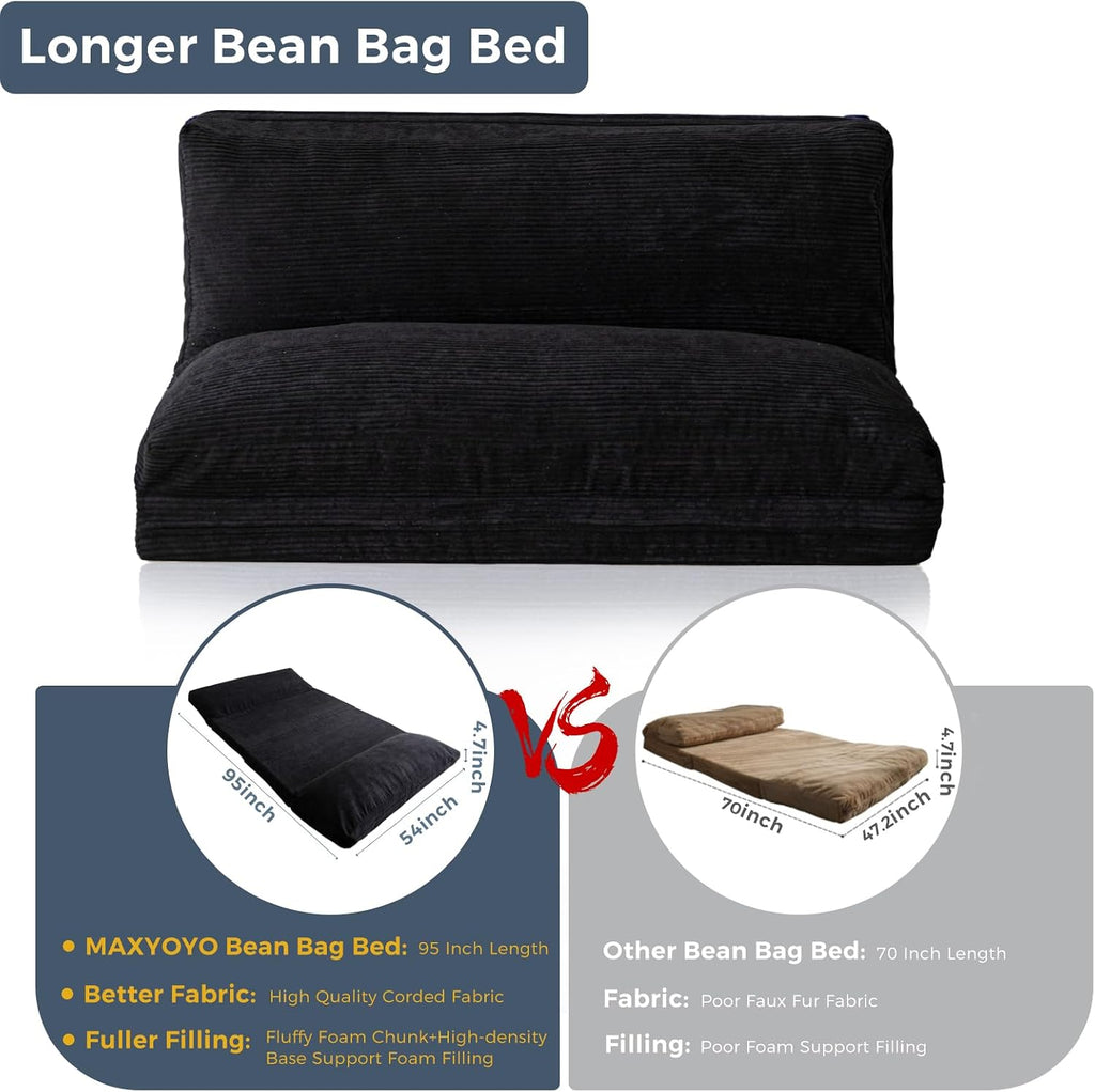 MAXYOYO Folding Sofa Bed, Extra Thick and Long Floor Sofa Convertible Sleeper Chair with Washable Cover, Floor Couch Lounge Bean Bag Bed for Living Room, Black, 54x95 Inch
