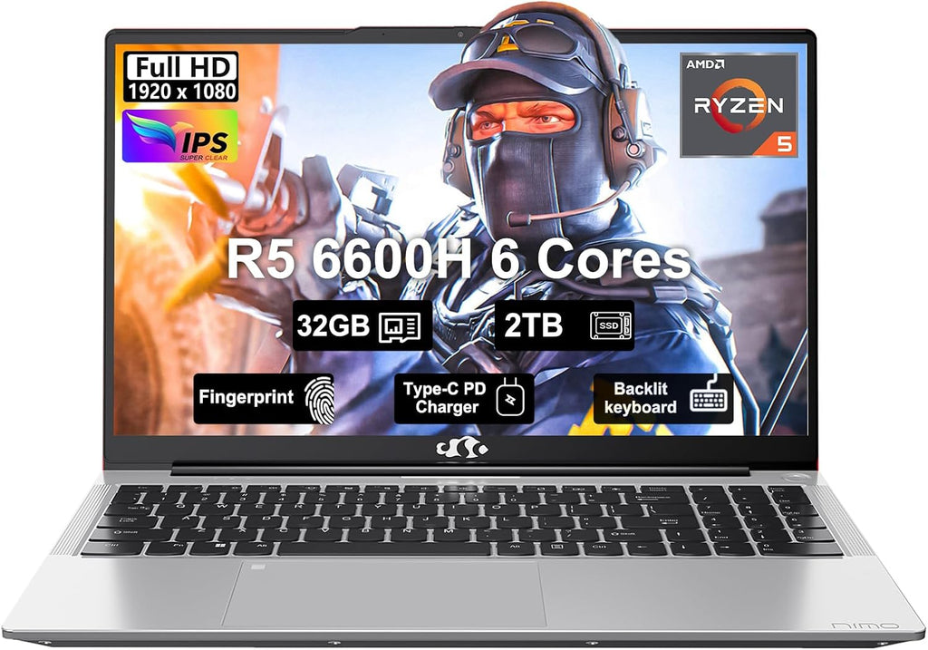 15.6 Business-gaming-Laptop, 6-Cores AMD Ryzen 5 6600H 660M 6nm GPU, 32GB DDR5 2TB SSD(Beat i7-1165G7 up to 4.5GHz)100W Type-C FHD IPS Laptop-Computer with Fingerprint Backlit Keyboard WiFi5 Win11