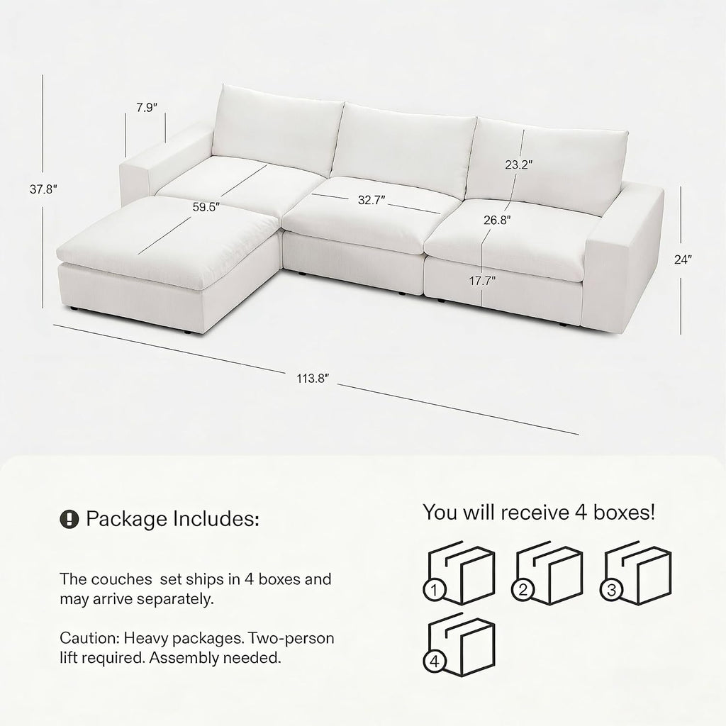 Cloud Couch Sectional 113.2'' Oversized Modular Deep Seat Sofa L Shaped Comfy White Cloud Couch with Washable Cover for Living Room 3 Seater with 1 Ottoman