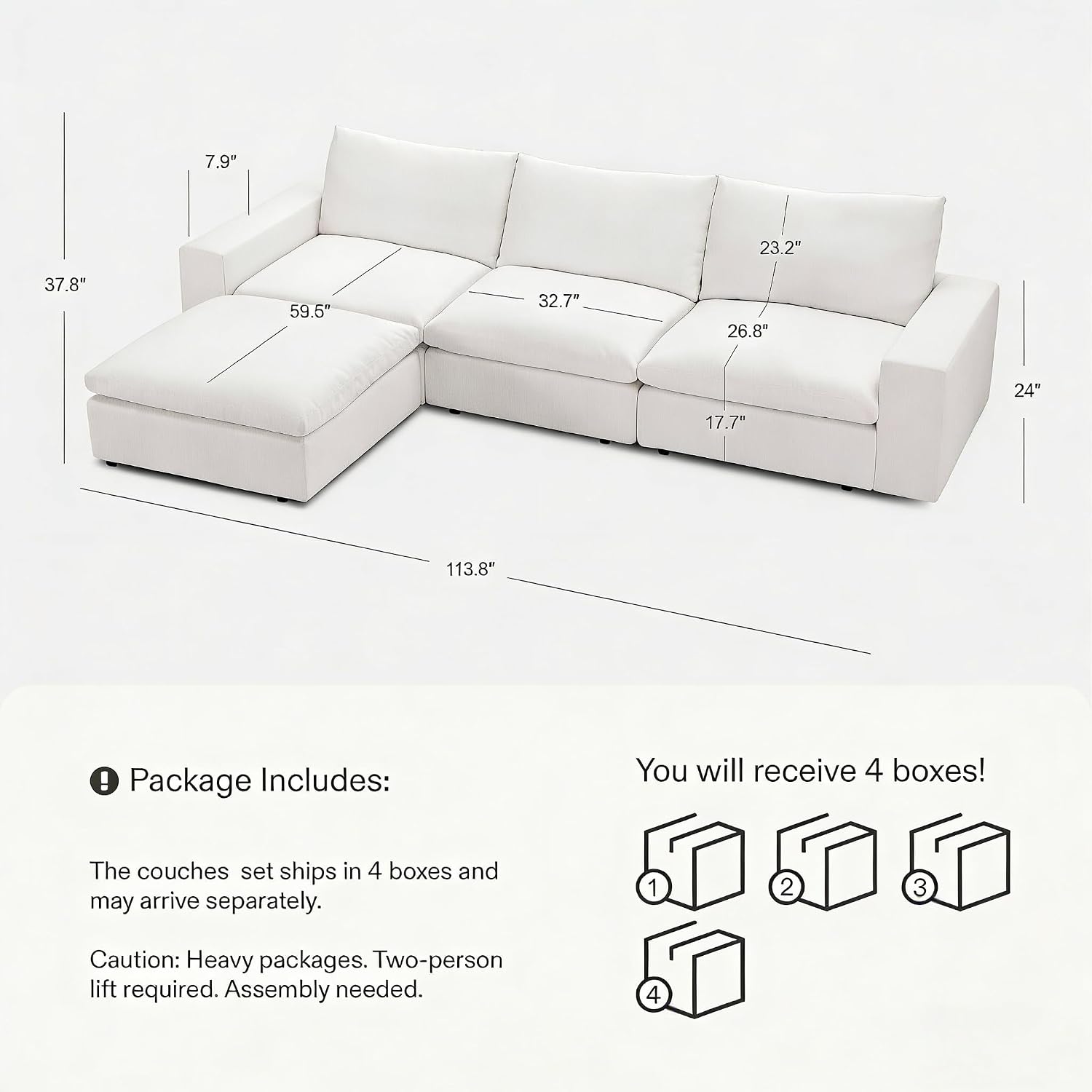 Cloud Couch Sectional 113.2'' Oversized Modular Deep Seat Sofa L Shaped Comfy White Cloud Couch with Washable Cover for Living Room 3 Seater with 1 Ottoman