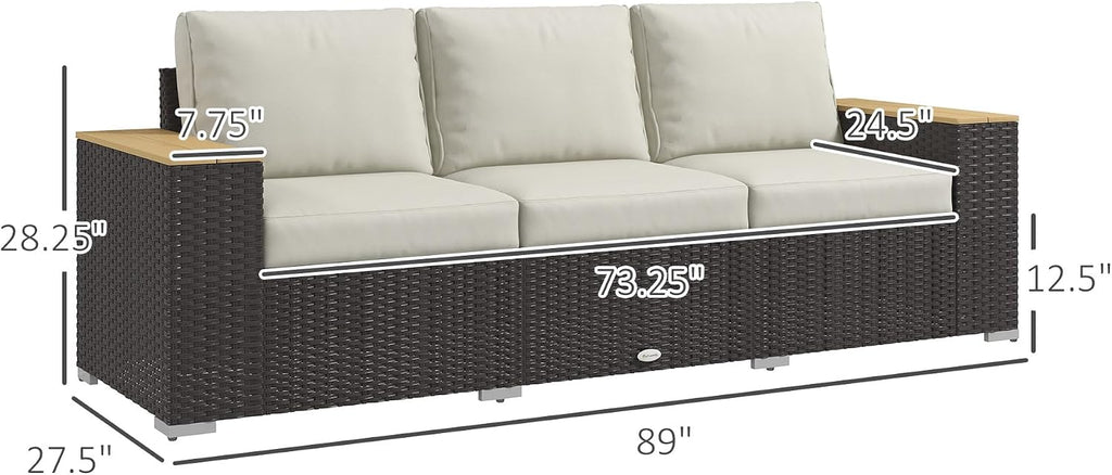 Outsunny 3-Seat Outdoor Patio Sofa with 24.5' Extra Wide Deep Seats, PE Wicker Sofa with Wide Wood Effect Armrests and 4' Cushions, Rattan Outdoor Couch for Porch, Garden, Poolside, Beige