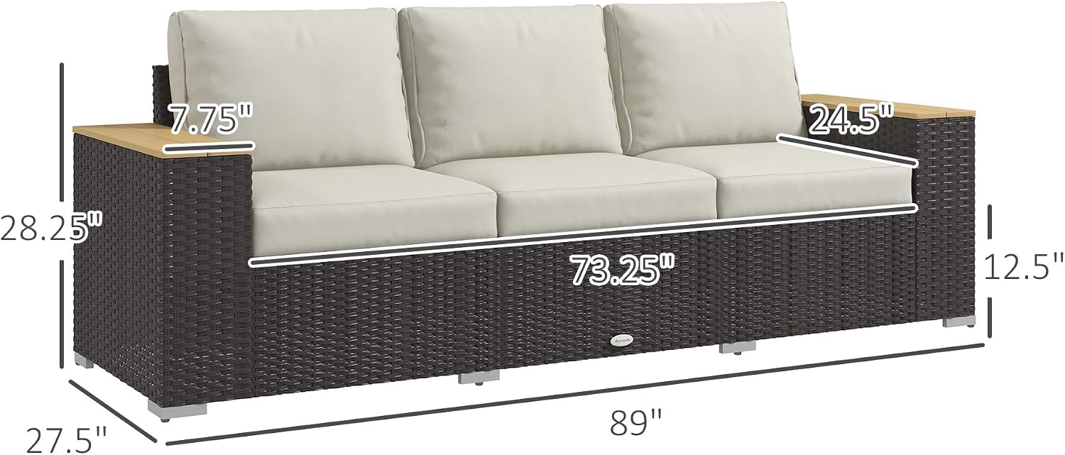 Outsunny 3-Seat Outdoor Patio Sofa with 24.5' Extra Wide Deep Seats, PE Wicker Sofa with Wide Wood Effect Armrests and 4' Cushions, Rattan Outdoor Couch for Porch, Garden, Poolside, Beige