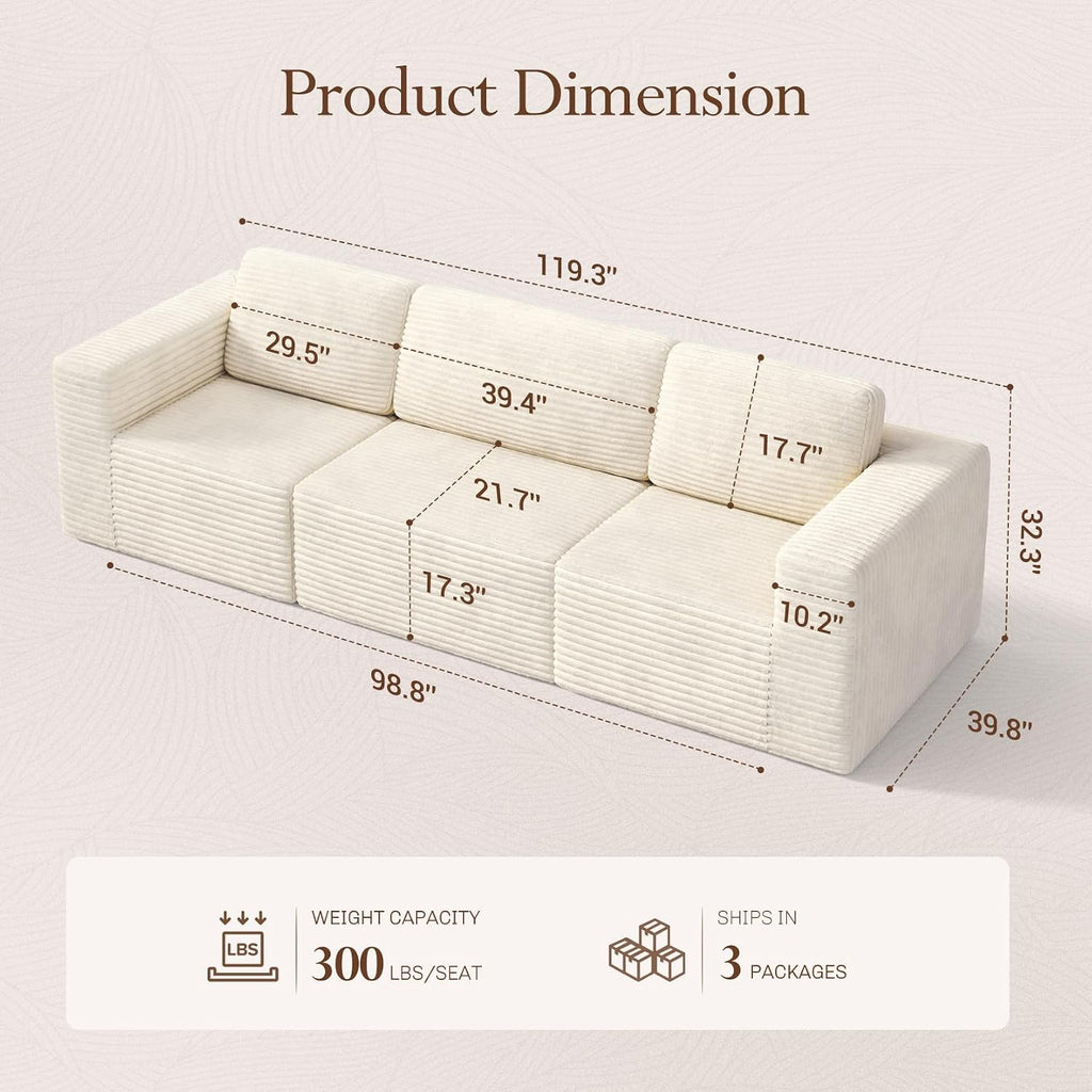 Vesgantti 119' Modular Sectional Sofa, Corduroy Cloud Couch with Deep Seating & Spring Support, 3 Seater Flexible Layout Sofa, Boneless Couch for Living Room & Apartment, No Assembly Required, Beige