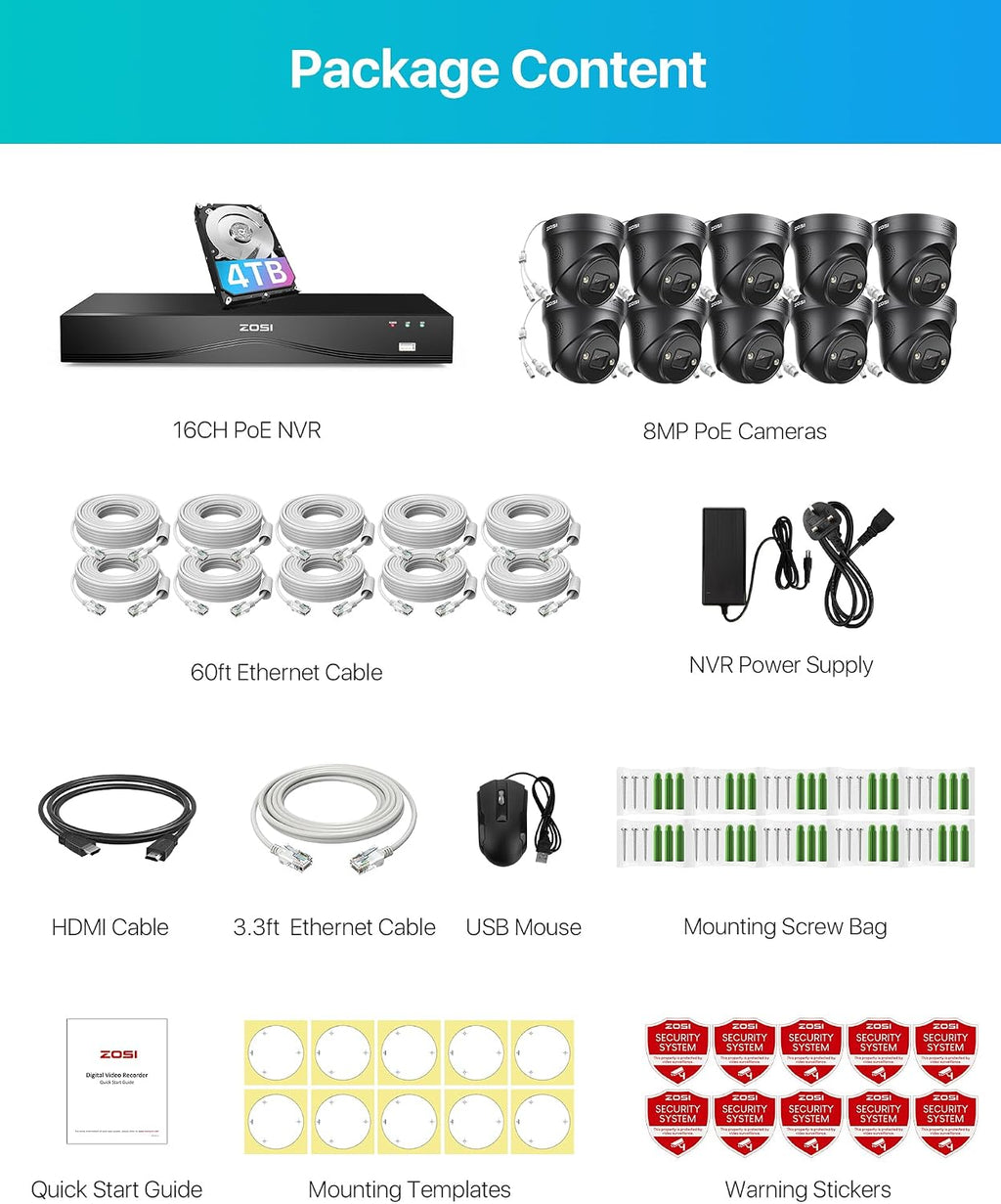 ZOSI 24CH 4K PoE Security Camera System with 4TB HDD,10pcs 4K Outdoor PoE Cameras,Face Person Vehicle Detection,2 Way Audio,Spotlight Siren,Night Vision,24CH 8MP Dual Disk NVR for 24/7 Recording