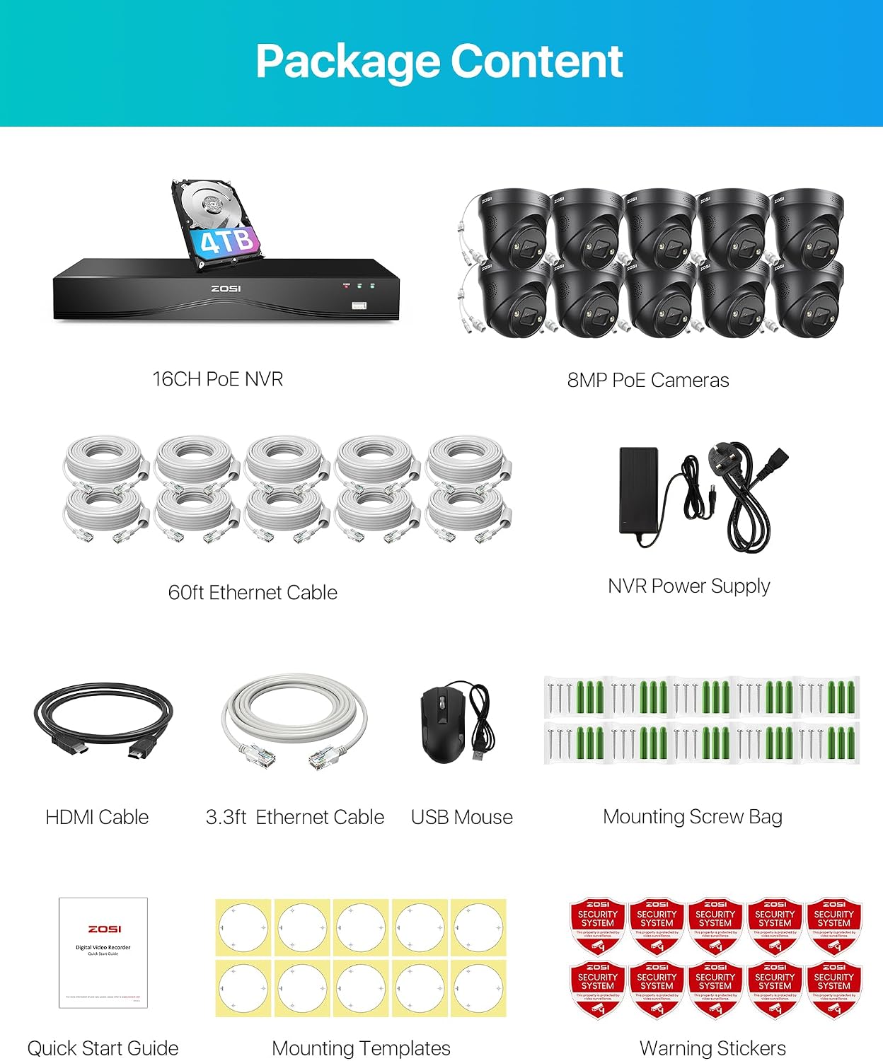 ZOSI 24CH 4K PoE Security Camera System with 4TB HDD,10pcs 4K Outdoor PoE Cameras,Face Person Vehicle Detection,2 Way Audio,Spotlight Siren,Night Vision,24CH 8MP Dual Disk NVR for 24/7 Recording