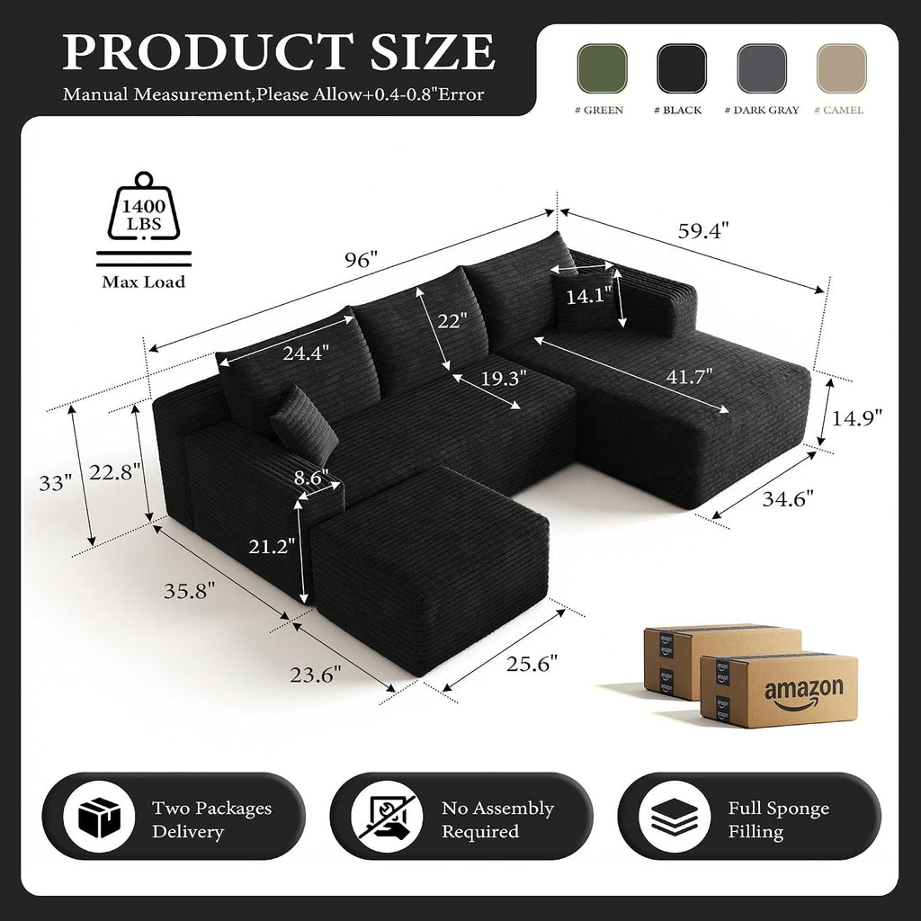 96''Sectional Couches for Living Room,Modern Modular Sectional Sofa,Upholstered Boneless Couch Comfy Cloud Couch with L Shaped Chaise (Black, Upgrade-96''W Right Facing Chaise+Ottoman)