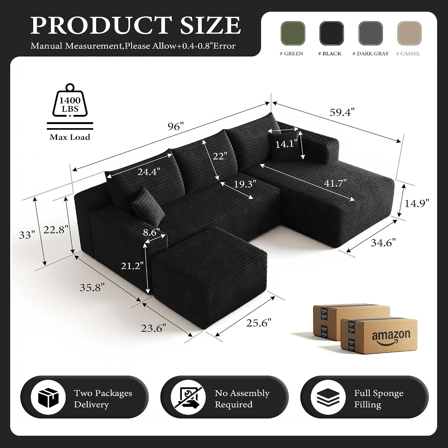 96''Sectional Couches for Living Room,Modern Modular Sectional Sofa,Upholstered Boneless Couch Comfy Cloud Couch with L Shaped Chaise (Black, Upgrade-96''W Right Facing Chaise+Ottoman)