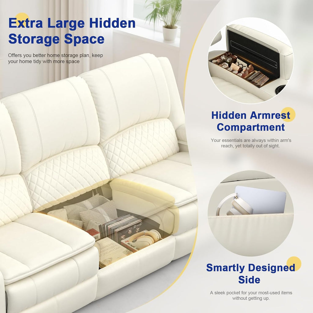 Recliner Sofa 3 Seater Sofa with Recliner, Home Theater Seating with Liftable Console & Removable Armrest, Manual PU Leather Reclining Couch with Cup Holders & USB Ports for Living Room/RV (PU,White)