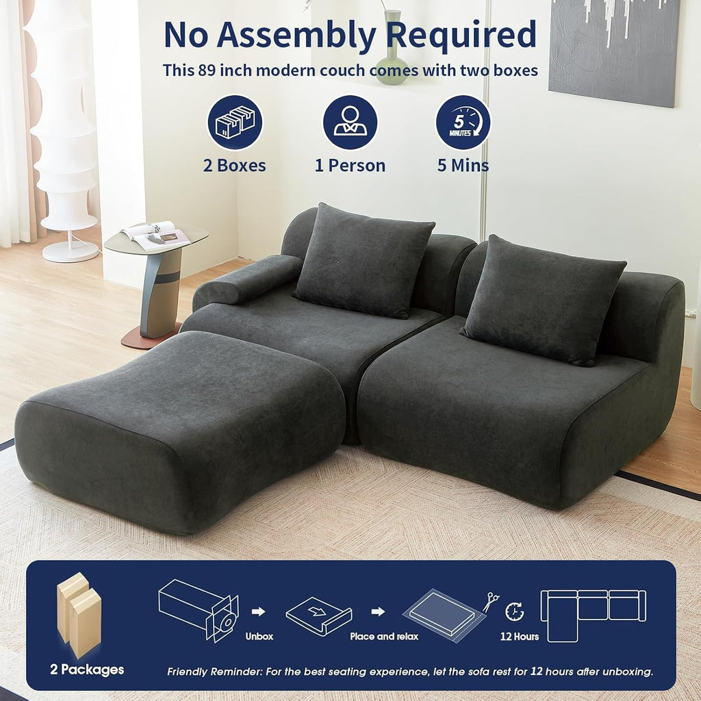 Modern L-Shape Cloud Sofa, 114' Modular Sectional – Boneless Design in a Box, Upholstered Chaise Lounge for Living Room & Bedroom, No Assembly Needed, Cool Gray