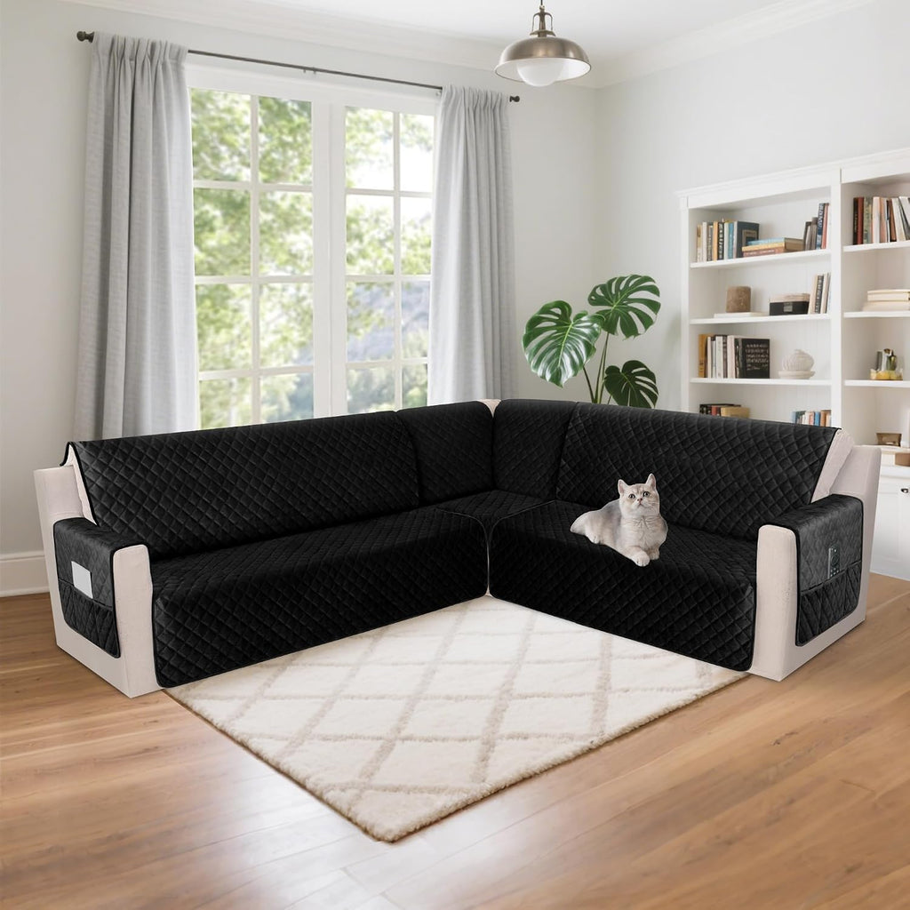 HDCAXKJ Waterproof Corner Sectional Couch Cover Velvet L Shape Sofa Covers for Pets Dogs Soft Heavy Duty U Shaped Sofa Slipcovers Sets for Sectional Non Slip Furniture Protector (Black, X-Large)