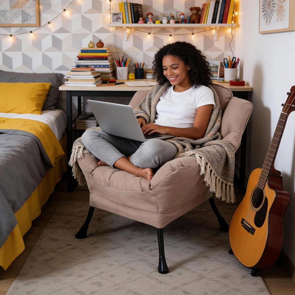 MBOOYOME Lazy Chair, Modern Soft Reading Chair Accent Contemporary Sofa Chair with Armrests and a Side Pocket for Living Room, Bedroom, Dorm & Office, Khaki