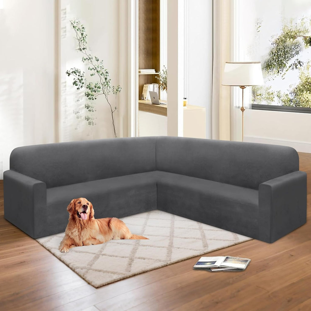 HDCAXKJ Corner Sectional Couch Covers Velvet Stretch L Shape Sofa Cover Soft Thick Sectional Slipcovers Set U Shaped Living Room Non Slip Magic Furniture Protector for Pet Dogs (Dark Gray, X-Large)