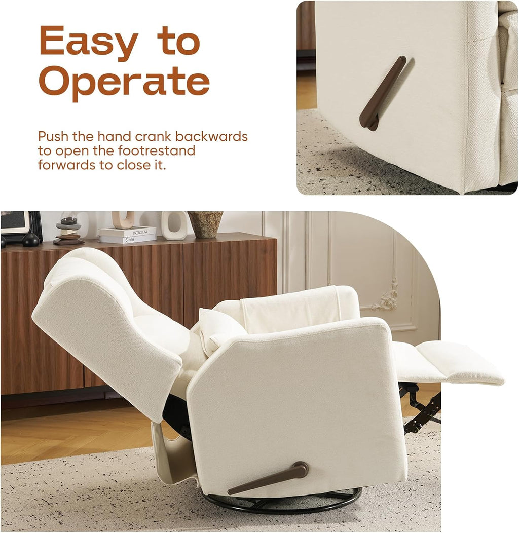 Rocking Chair Nursery with Adjustable Headrest,Comfy Swivel Rocker Recliner with Lumbar Support, Manual Nursery Chair Rocker Recliner with Cup Holder and Side Pockets, White