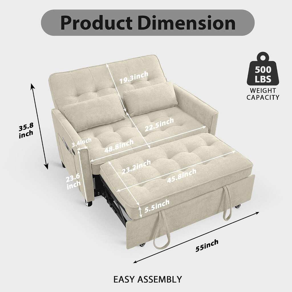 Convertible Sofa Bed, 3 in 1 Pull Out Couch, Loveseat Sleeper with Side Pocket, Living Room Sofa with Adjustable Backrest | USB Charging Port | Two Pillows | Fabric | Beige Couch