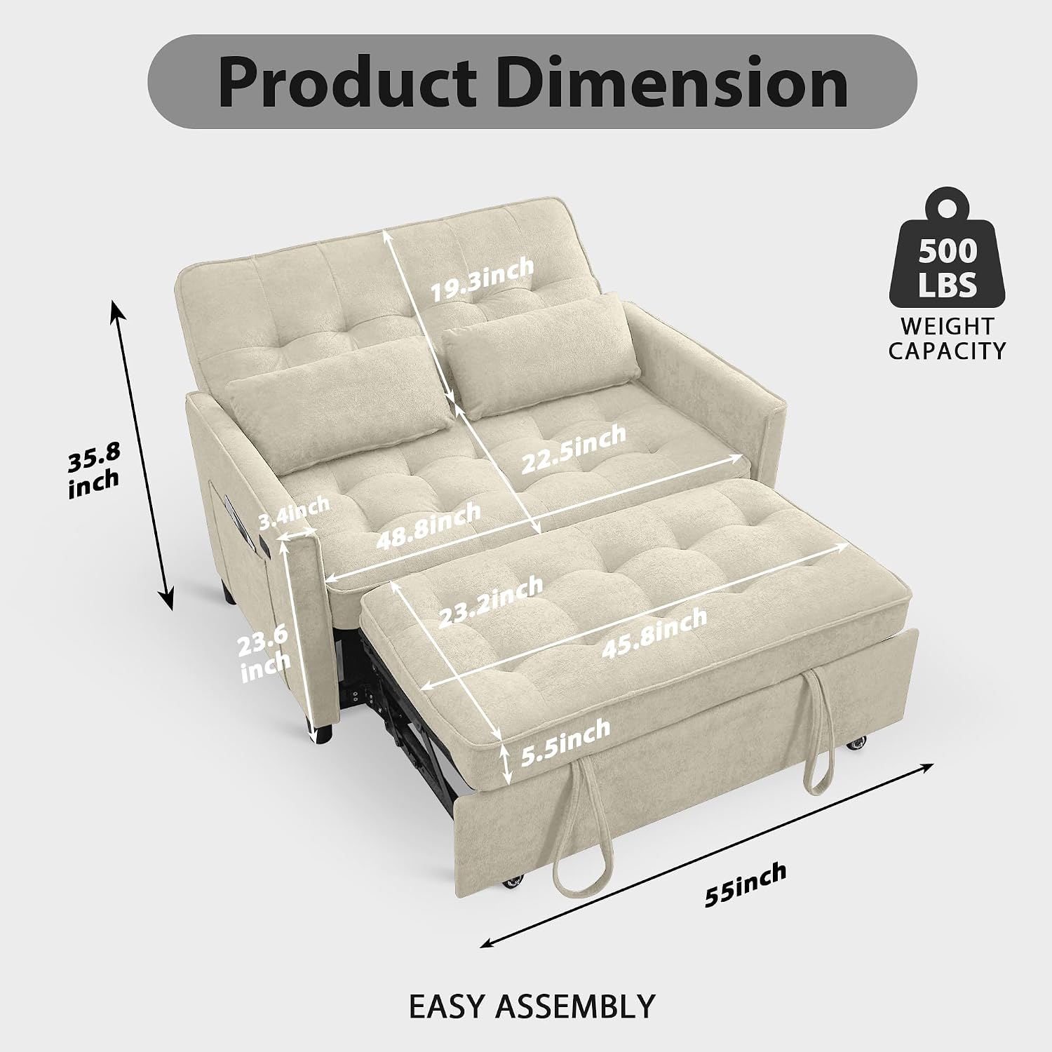 Convertible Sofa Bed, 3 in 1 Pull Out Couch, Loveseat Sleeper with Side Pocket, Living Room Sofa with Adjustable Backrest | USB Charging Port | Two Pillows | Fabric | Beige Couch