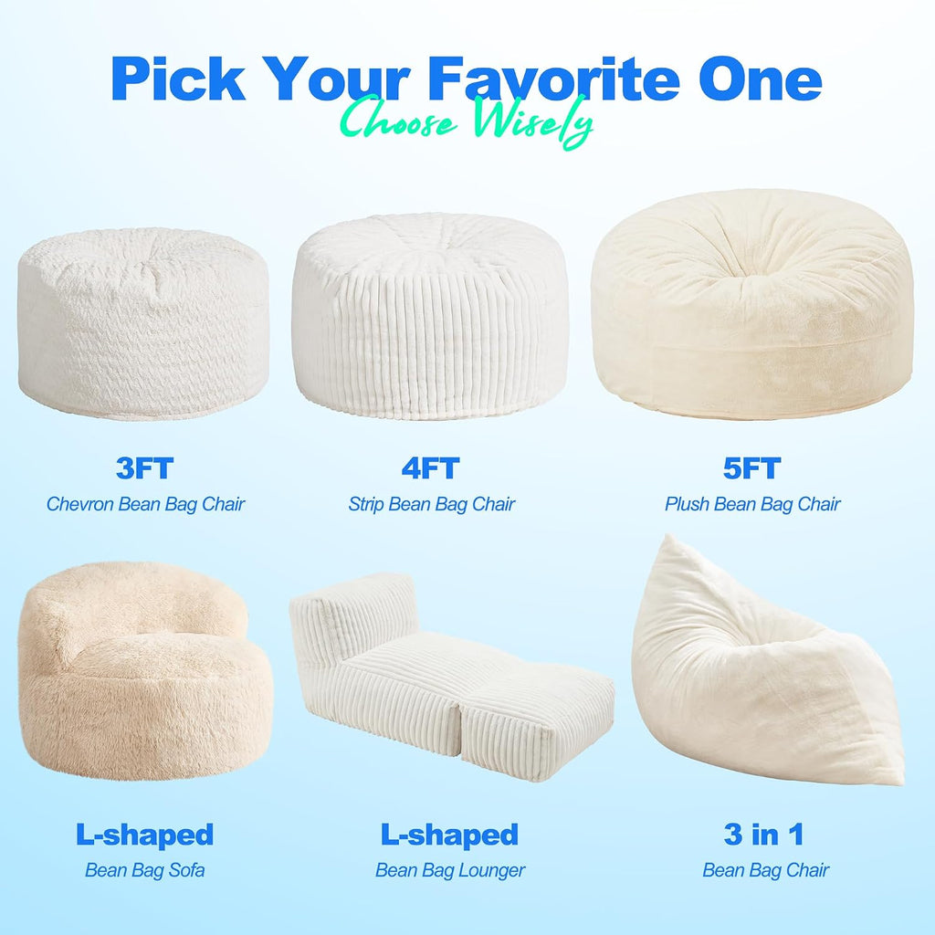 Hobestluk 3 in 1 Bean Bag Chair Giant Bean Bag Chairs for Adults with Plush Faux Fur Cover Convertible Bean Bag Floor Cushion with Machine Washable Cover for Living Room (Plush White)