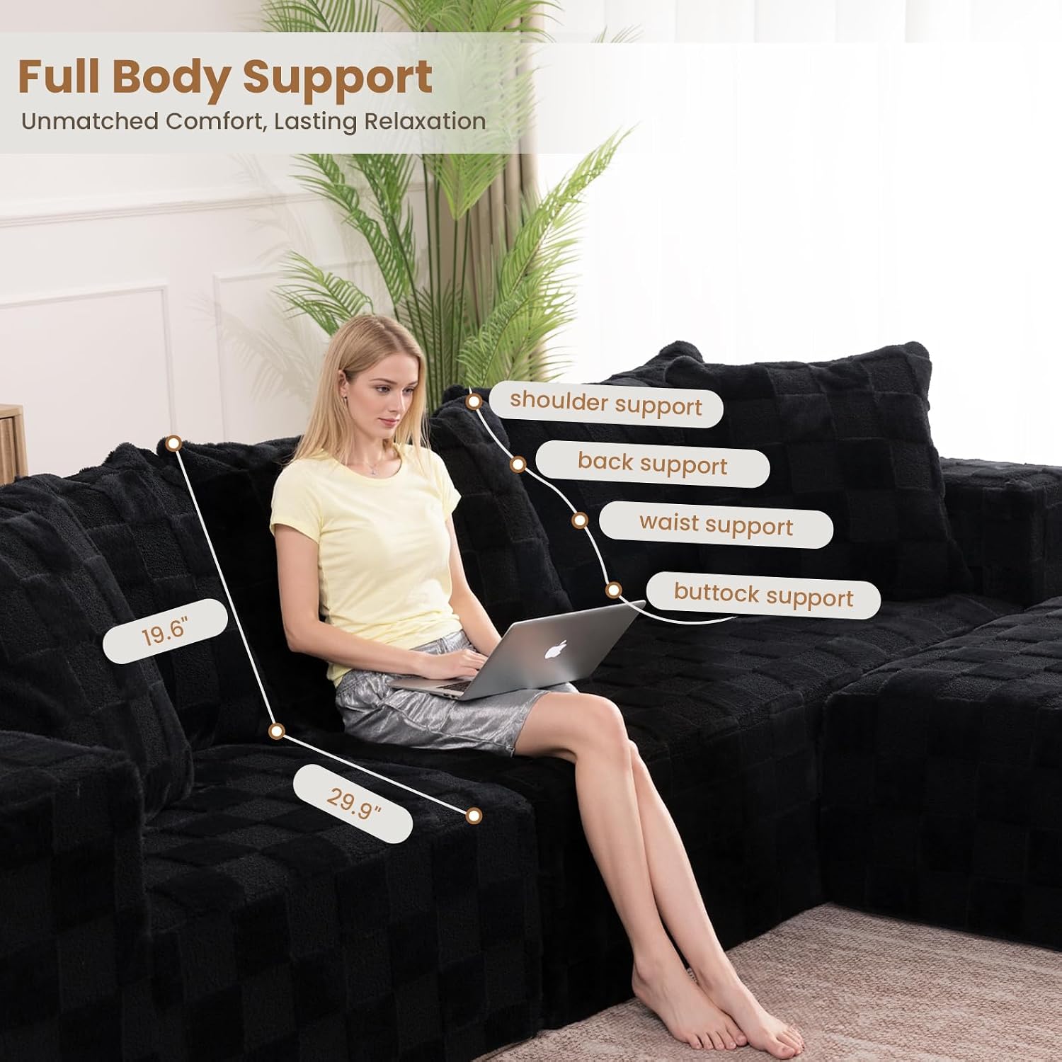Modular Sectional Sofa, 108' L-Shaped Boneless Couch with Deep Seat, Corduroy Cloud Couch for Living Room, Bedroom, No Assembly Required, Ship in a Box, Checkered Black