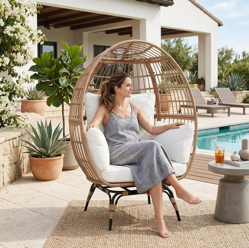 Murago Oversized 360° Swivel Rattan Egg Chair for Adult, Indoor Outdoor Patio Large Wicker Egg Chair with Overstuffed Cushions, 440lb Weight Capacity, Natural Rattan with Beige Cushion