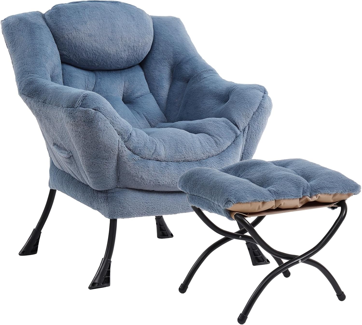 MBOOYOME Lazy Chair with Folding Ottoman, Modern Accent Armchair with Armrests and a Side Pocket & Foldable Footstool, Reading Chair for Living Room, Bedroom & Dorm, Plush Light Blue