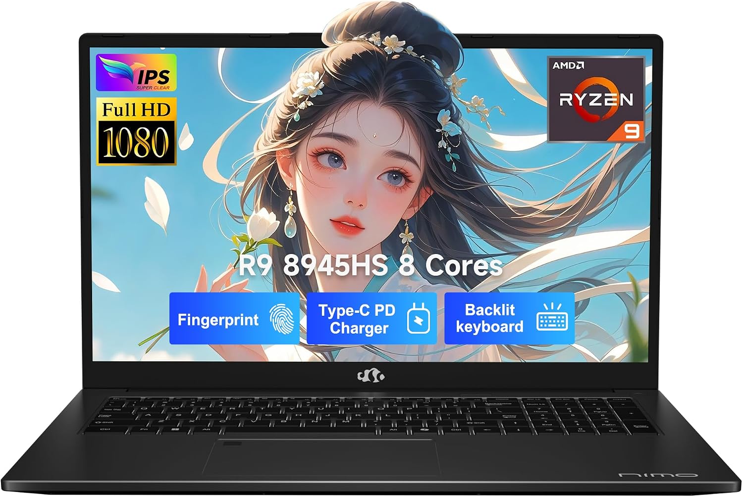 NIMO 17.3 Gaming-Laptop Ryzen 9 8945HS (Beat i9-13900H, Up to 5.2GHz) 32GB RAM, 1TB SSD, Radeon 780M, PD 100W Type-C AI-Enhanced for Copilot VR Ready, 75W Battery, Backlit Keyboard, Fingerprint