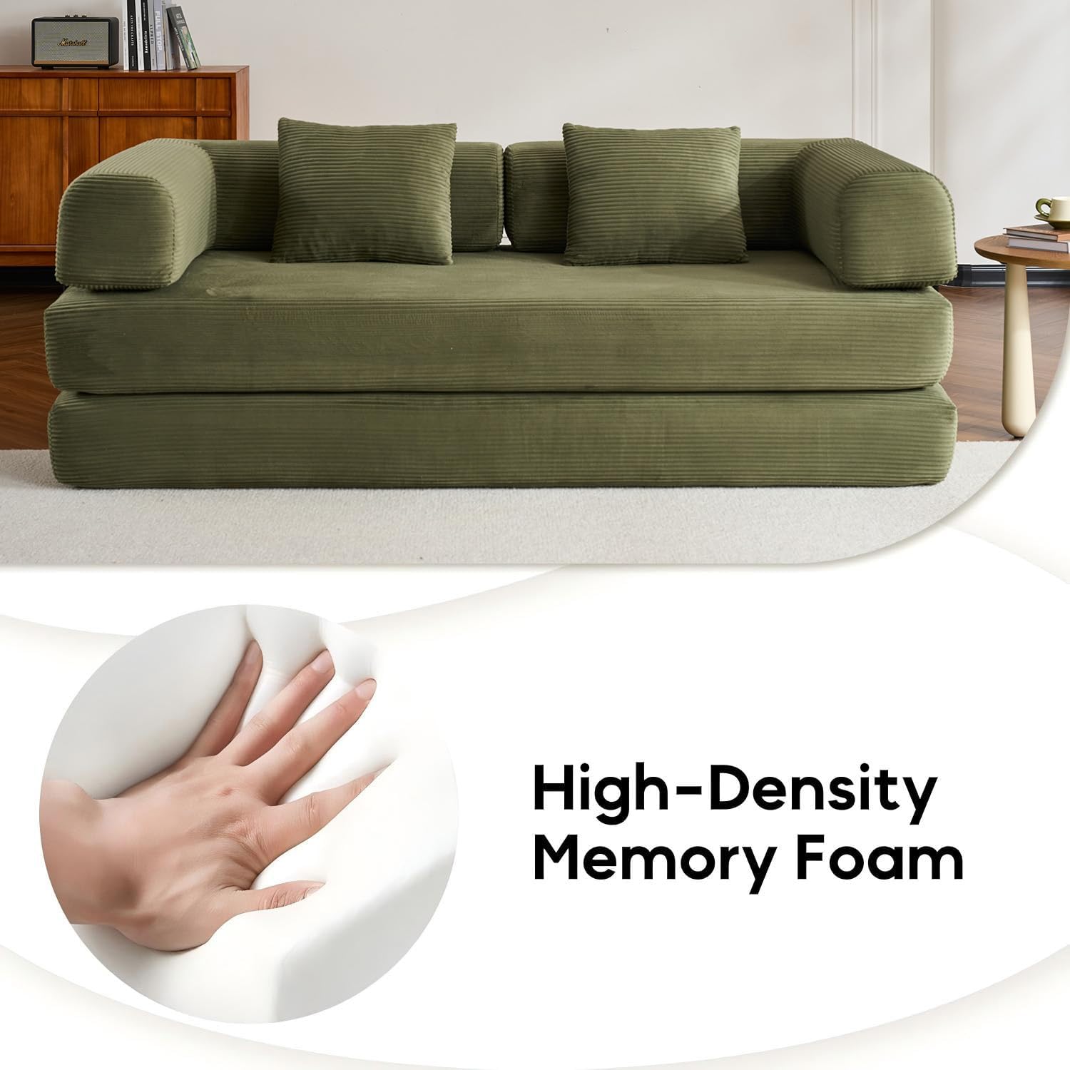 ZEIINPA Convertible Folding Couch Bed, Comfy Corduroy Sleeper Floor Sofa Bed with Fixed-Shape Frame, Floor Sofa with Armrest, Lounge Couch for Living Room Bedroom Lounge Studio, Green
