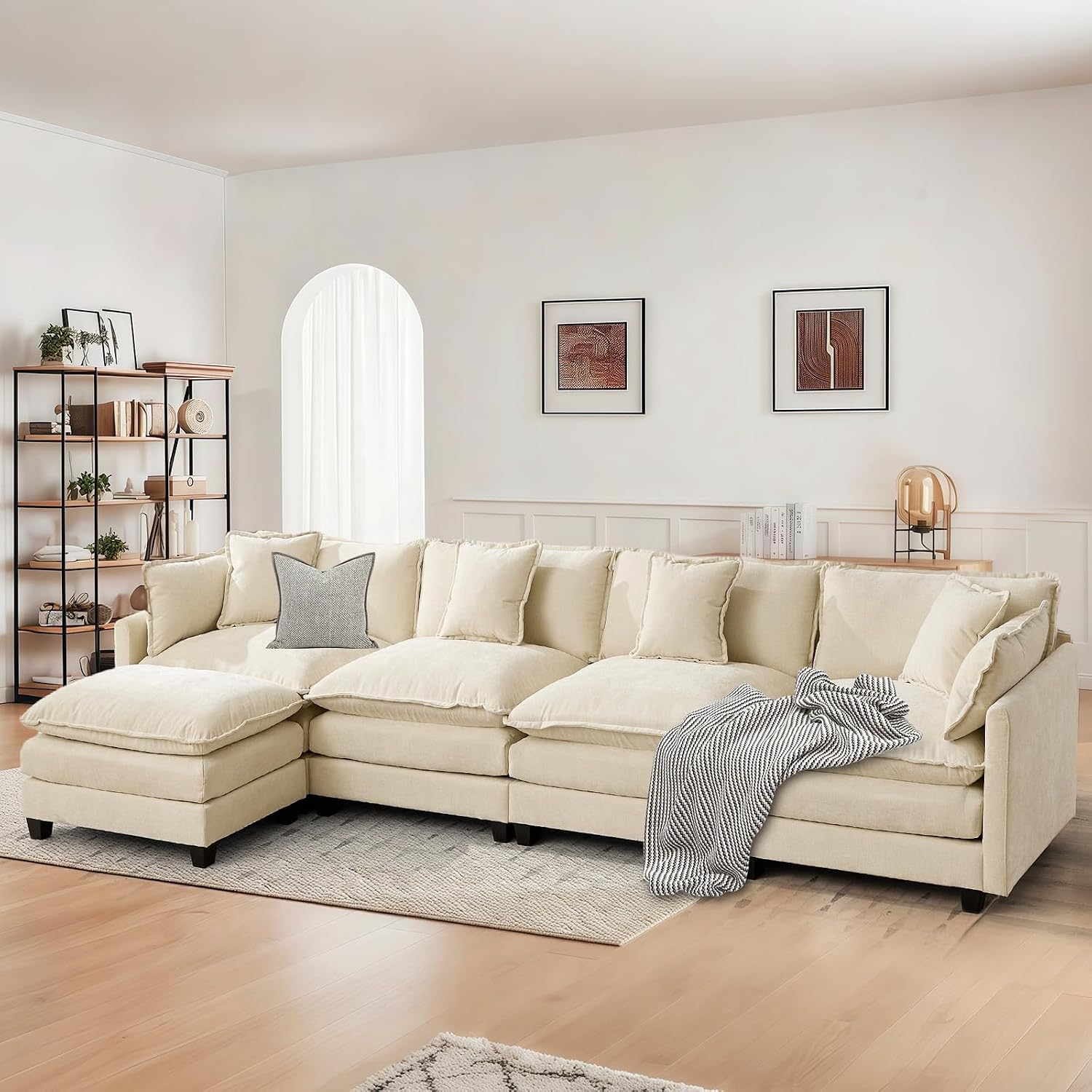 SoarFlash 149.61' Chenille Sectional Sofa, Comfy L Shaped Modular Coush Sofa with Ottoman, Modern 4 Seat Couch Deep Seat Sofa Set for Living Room,Beige