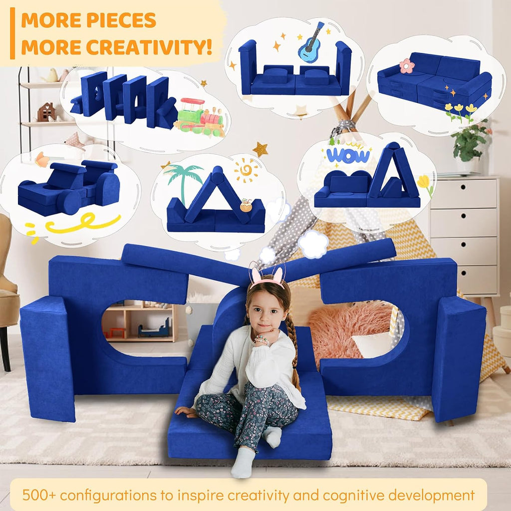 12 Pcs Modular Kids Play Couch – Premium Soft Foam, Removable Cover, Comfortable & Safe Toddler Couch for Children 1-6 Years, Portable & Easy to Clean, Ideal for Living Room & Playroom, Blue