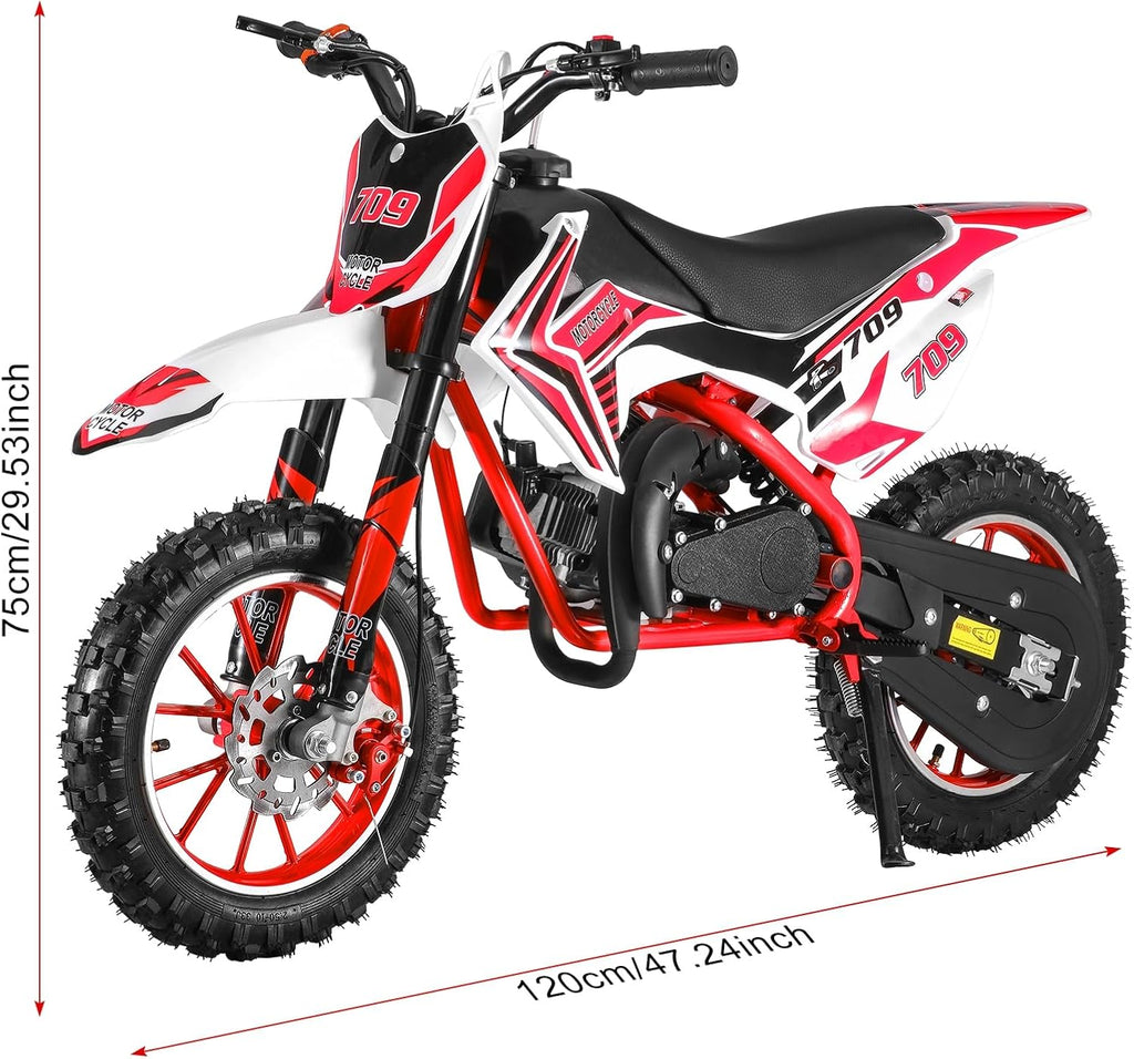 50cc Kids Dirt Bike | Gas Powered Mini Motorcycle for Ages 8-14 with 10' Off-Road Tires & Front-Rear Disc Brakes Red C