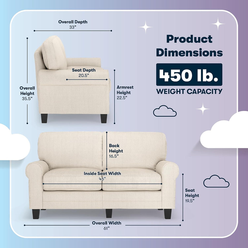 Serta Copenhagen Small Loveseat Sofa, 61 Inch Couch with Rolled Arms, Pocket Coil Seat Cushions, Removable Covers, Easy Care Polyester Upholstery for Living Room, Bedroom or Office, Buckwheat Beige
