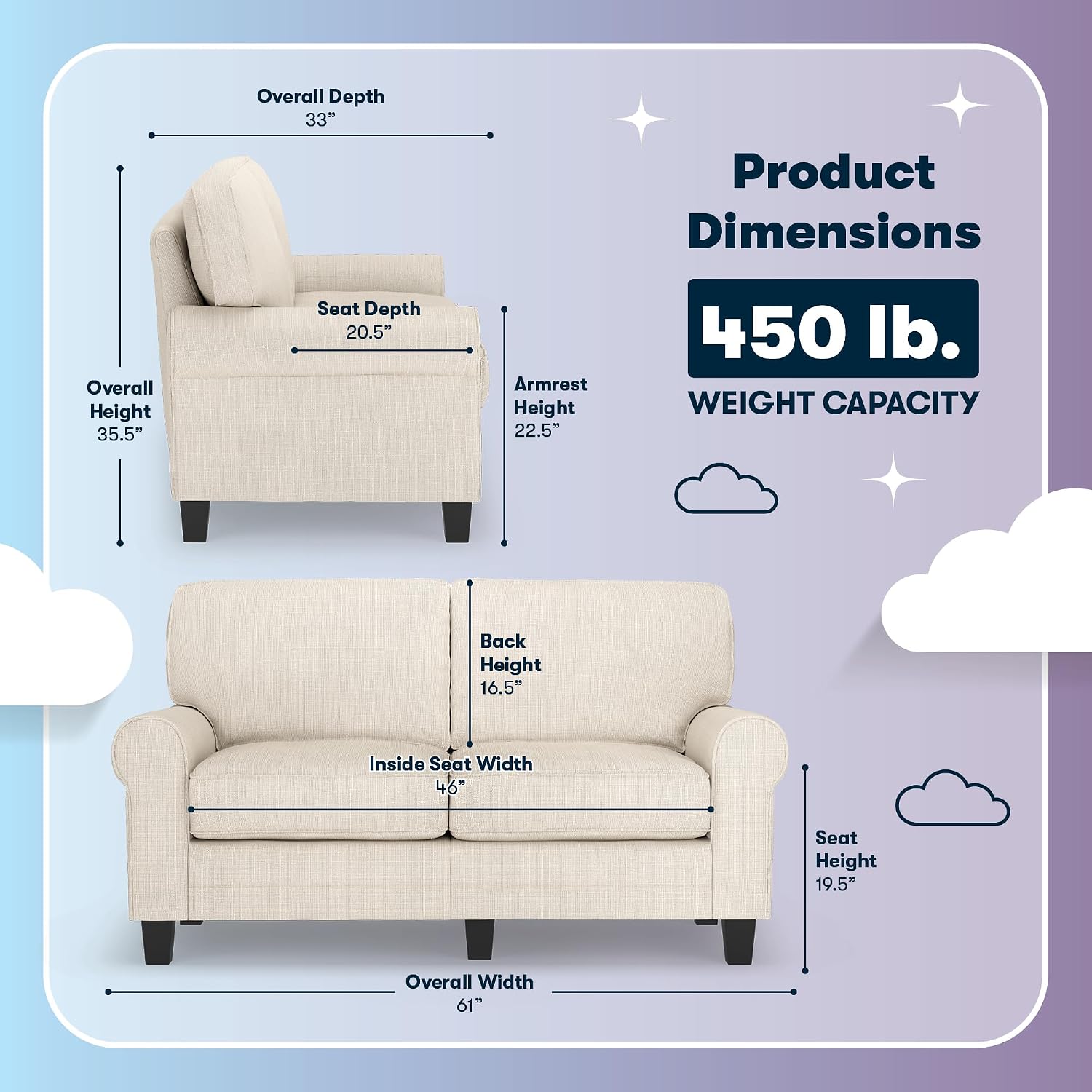 Serta Copenhagen Small Loveseat Sofa, 61 Inch Couch with Rolled Arms, Pocket Coil Seat Cushions, Removable Covers, Easy Care Polyester Upholstery for Living Room, Bedroom or Office, Buckwheat Beige