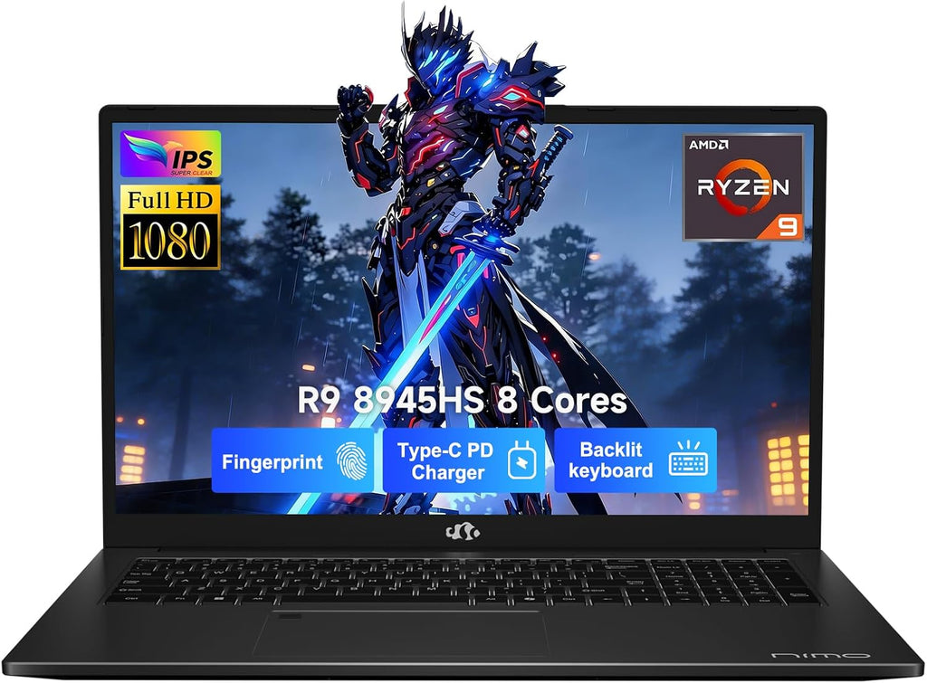 NIMO 17.3 Gaming-Laptop Ryzen 9 8945HS (Beat i9-13900H, Up to 5.2GHz) 16GB RAM, 512GB SSD, Radeon 780M, PD 100W Type-C AI-Enhanced for Copilot VR Ready, Backlit Keyboard, Fingerprint, 180°Viewing
