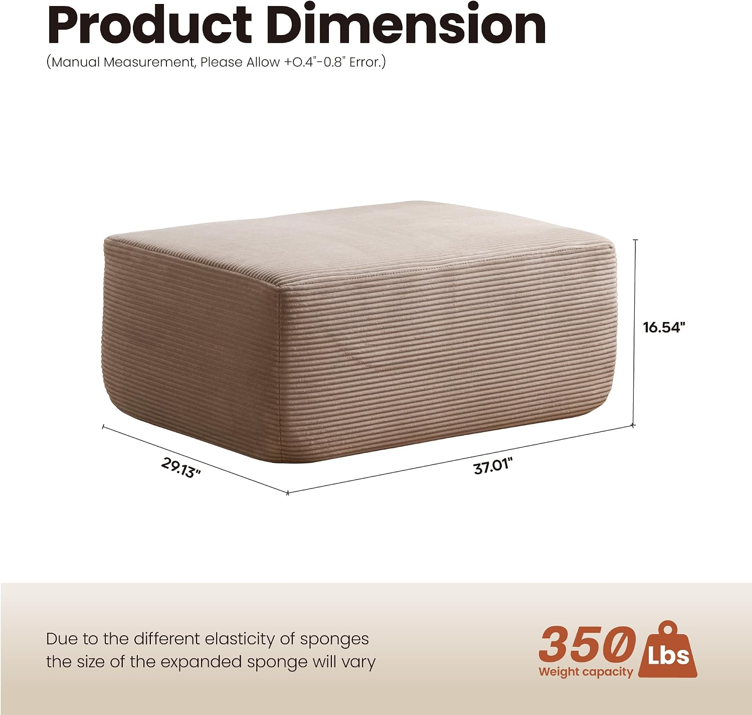 ovios 37' Corduroy Ottoman, Upholstered Cloud Ottoman for Boneless Couch in a Box, Modular Sectional Couches for Living Room Bedroom, Compressed Memory Foam, No Assembly Require, Beige