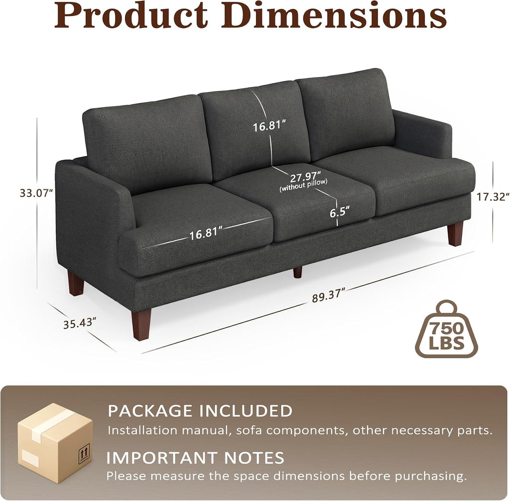 Gericco Mid Century Modern Couches for Living Room, 89' Comfy Couch Sofa with 3-Seater Deep Seats, Upholstered Sofas for Living Room, Office Apartment, Bedroom, Dark Grey
