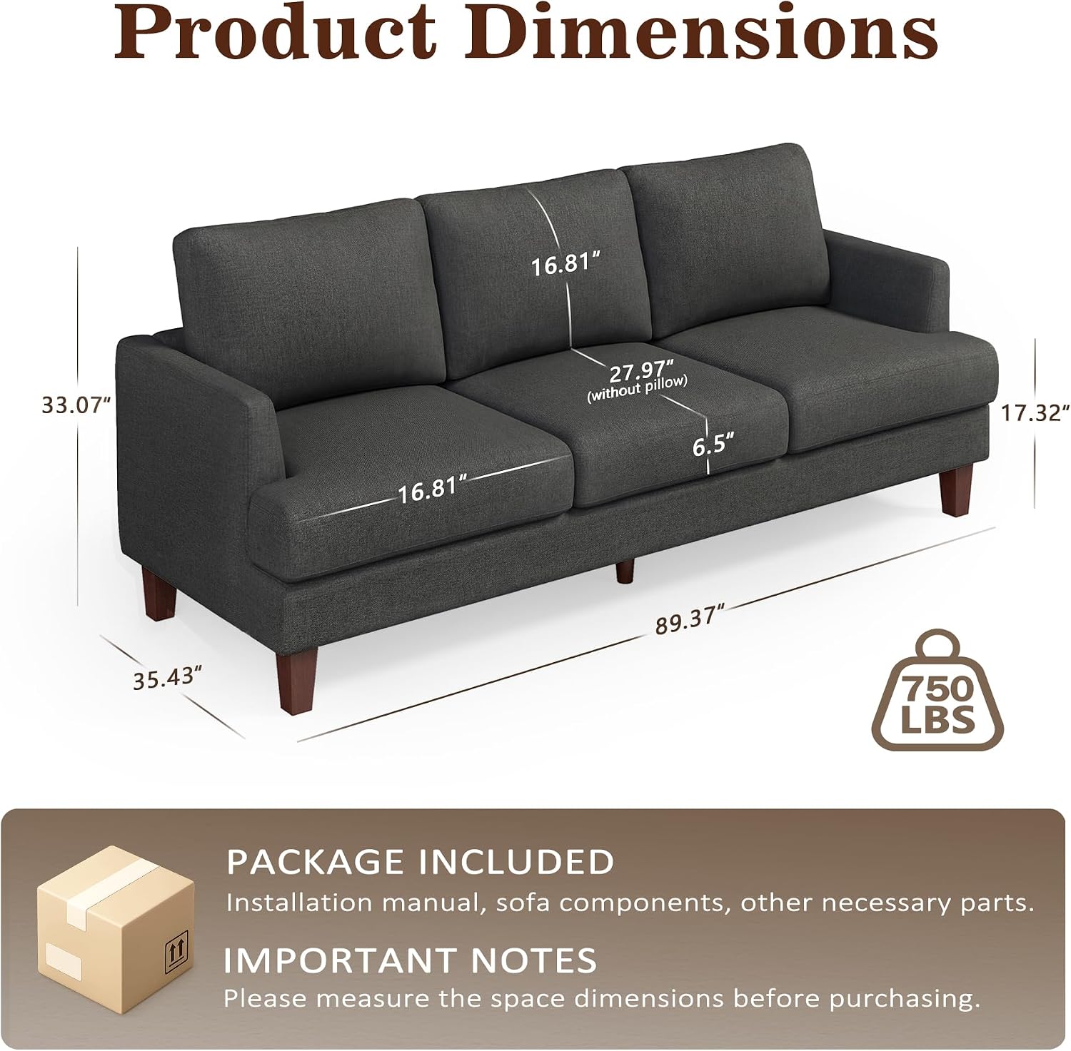 Gericco Mid Century Modern Couches for Living Room, 89' Comfy Couch Sofa with 3-Seater Deep Seats, Upholstered Sofas for Living Room, Office Apartment, Bedroom, Dark Grey