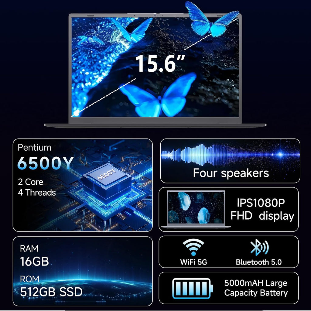 15.6 Inch Laptop 16GB RAM 512GB SSD, Gold Pentium Processor (Up to 3.4GHz), Expandable to 1TB, IPS FHD Display, 38WH, USB3.2, Type-C, HDMI, WiFi 5, Win11 Laptop, Notebook Laptops