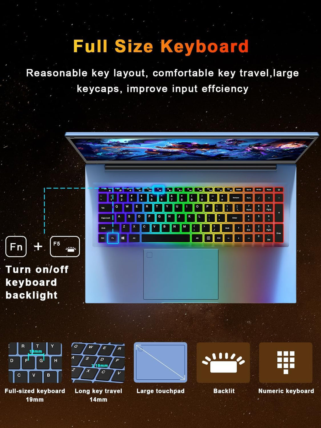 XNQ 17.3'' Gaming Laptop 2026, Win 11 Pro Lap Top, Core i5 Turbo 3.80GHz, 16GB RAM 1TB SSD, 1TB TF Expand, 10000mAh Battery, WiFi6 BT5, 1080 FHD, Colorful Backlit, Fingerprint, 2MP Privacy Cam