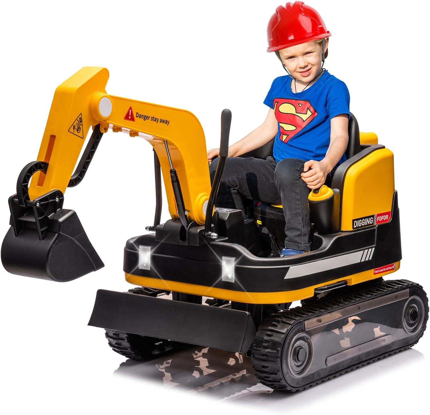 JOYLDIAS 360 Degree Rotating Ride On Excavator and Bulldozer,12V12AH Battery Powered Ride On Toy Backhoe W/Track Design Wheels for All Terrain,Remote Control,MP3,Toolbox for Kids,Parent,Yellow