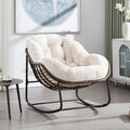 Outside Rattan Rocking Chair with Wicker Cushion, Oversized Lounge Papasan Chair, Outdoor Camping Chairs Patio Furniture for Garden, Balcony, Front Porch & Living Room, White