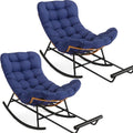 Garvee 2PCS Papasan Rocking Chair with Foot Rest, Oversized Papasan Chair with Thick Removable Cushion and Metal Frame, Lounge Chairs and PE Rattan Rocker for Patio, Porch, Garden, Lawn, Living Room