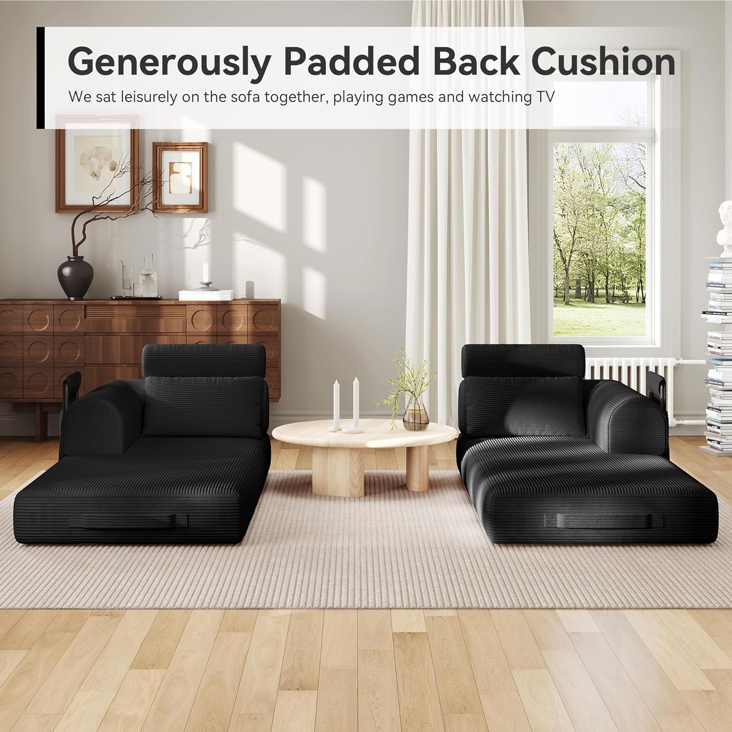 Upgraded 79' High Backrest Sofa Bed with Fixed Frame, Corduroy Fabric Convertible Couch for Small Spaces, Removable Armrests & Backrest, No Assembly Required (Black)