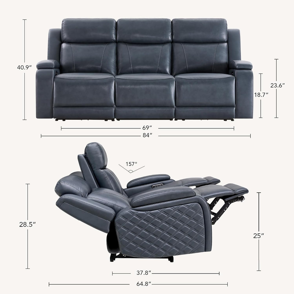 Watson & Whitely Genuine Leather Power Recliner Sofa, 3 Seater Zero Gravity Reclining Couch with Power Headrest & Flip Middle Backrest Table, Hidden Storage, Cup Holders for Living Room, Navy Blue