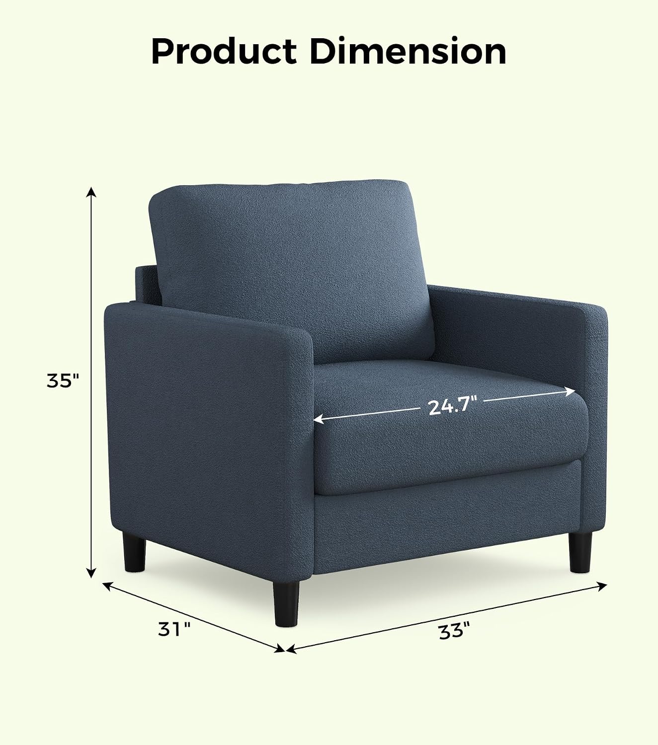 Welzona Sofa Accent Chair, 33' Reading Chair for Bedroom, Tool-Free Setup Living Room Accent Chairs, Comfy Arm Chairs Living Room, All-Wood Reading Nook, Blue Grey