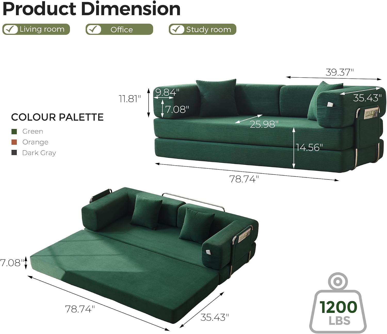 Carzzi-Life 79' Convertible Sofa Bed with Pillows, Corduroy Folding Sleeper Sofa with Fixed-Shape Frame, Boneless Couch for Living Room Bedroom, Floor Sofa Lounge No Assembly Required (Green)