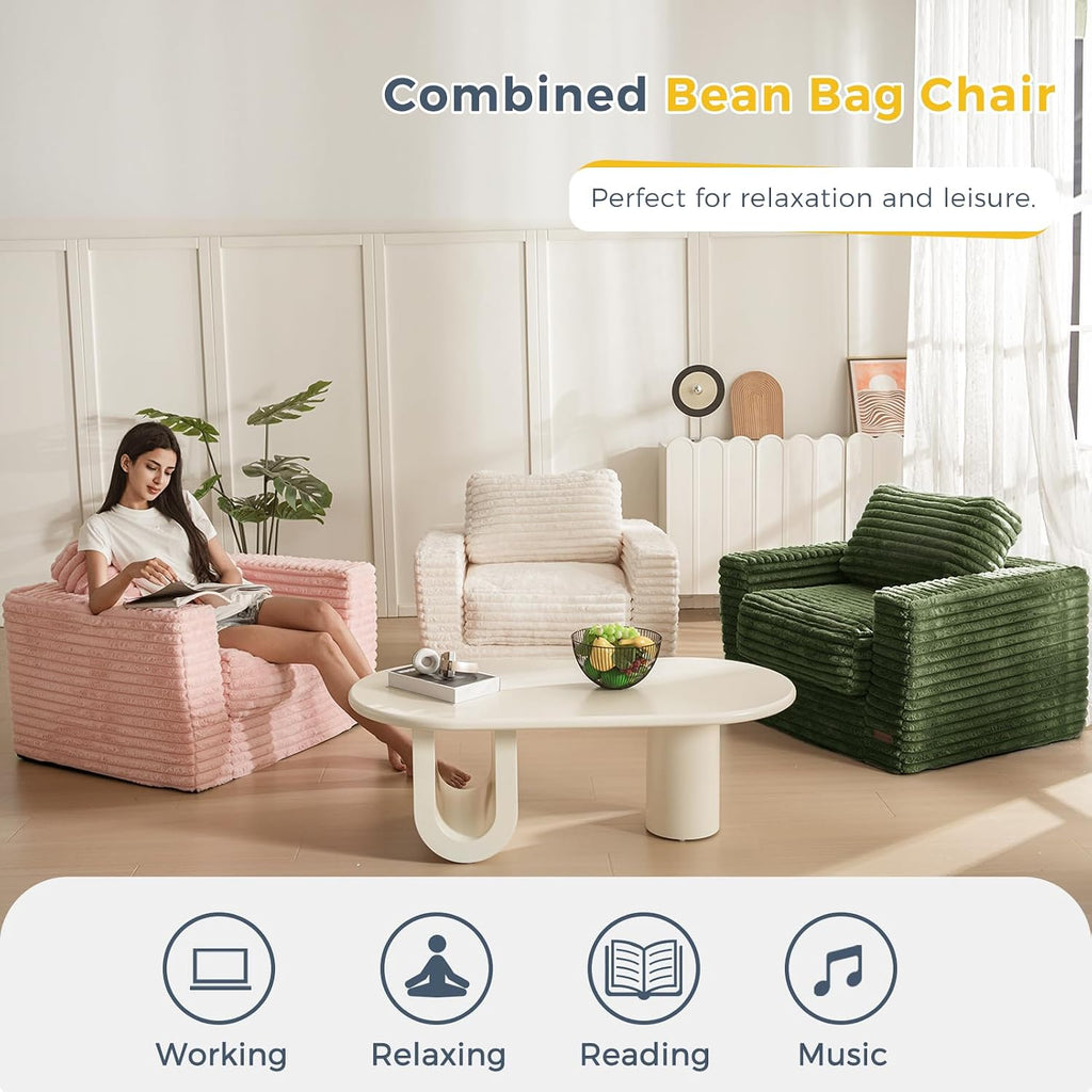 MAXYOYO Giant Bean Bag Chair for Adults, Upholstered Floor Sofa with Pillows and Armrests, Large Bean Bag Sofa Plush Chair Bean Bag Couch for Bedroom Living Room, Green