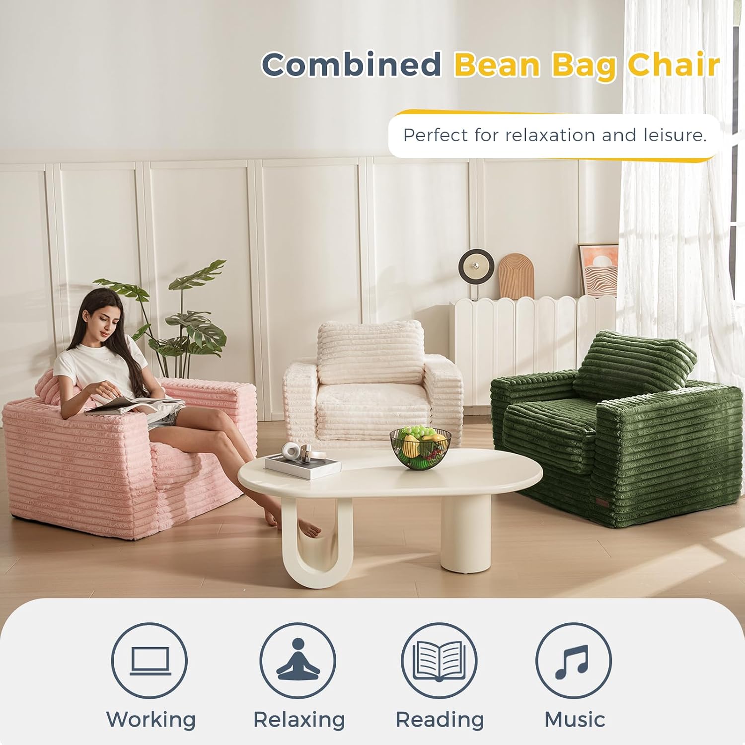 MAXYOYO Giant Bean Bag Chair for Adults, Upholstered Floor Sofa with Pillows and Armrests, Large Bean Bag Sofa Plush Chair Bean Bag Couch for Bedroom Living Room, Green
