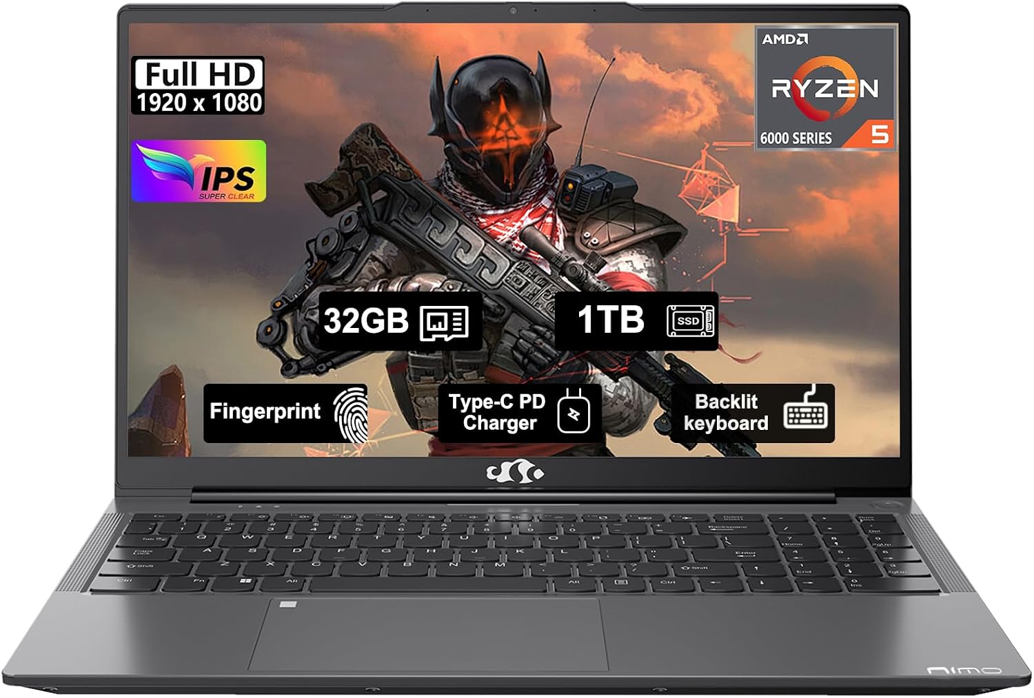 NIMO 15.6'' FHD IPS Business-Laptop-Computer - 6 Cores AMD Ryzen 5 6600H, 32GB DDR5 RAM 1TB SSD(Beat Ryzen 7 5700U, Up to 4.5GHz), 100W Type-C, 6 Cores 660M GPU, Fingerprint, Backlit Keyboard