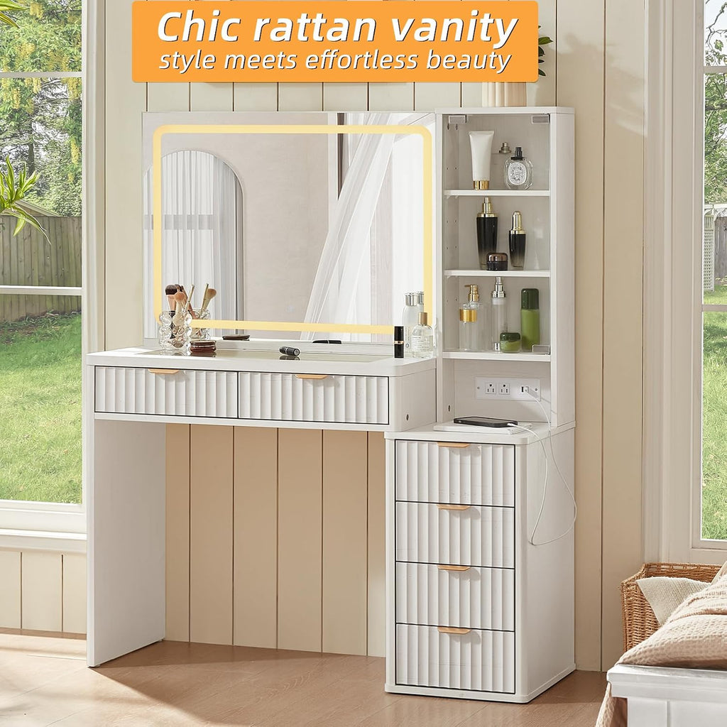LEYAOYAO White Vanity Desk with Mirror and Lights, 43.5'' Fluted Makeup Vanity with 6 Drawers and Adjustable Shelves, Glass Top Make Up Vanity, Girls Wood Dressing Table with Power Outlet for Bedroom