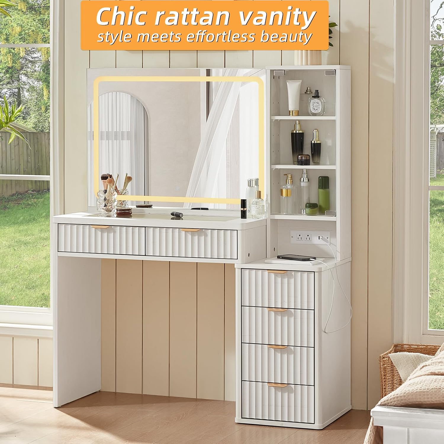 LEYAOYAO White Vanity Desk with Mirror and Lights, 43.5'' Fluted Makeup Vanity with 6 Drawers and Adjustable Shelves, Glass Top Make Up Vanity, Girls Wood Dressing Table with Power Outlet for Bedroom